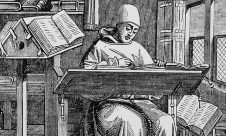 A medieval scribe writes at his desk.