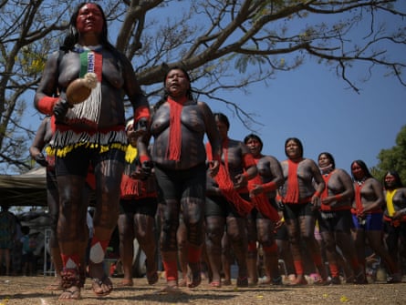 Indigenous women from the Xikrin tribe demonstrate in Brasília.