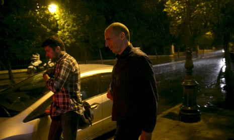 Greek Finance Minister Yanis Varoufakis leaving the Maximos Mansion in Athens tonight.