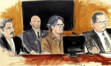 A courtroom sketch of Keith Raniere, second from right, leader of the secretive group Nxivm, at a hearing at court in Brooklyn on 13 April 2018.