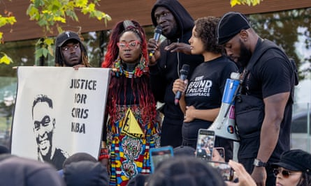 Rapper Stormzy speaks during a protest after the death of 24-year-old Chris Kaba.