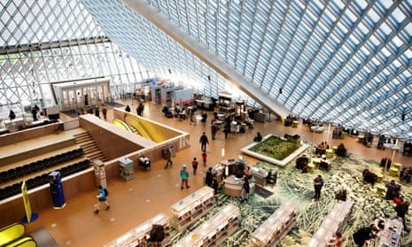 overhead view of the central branch of the seattle public library