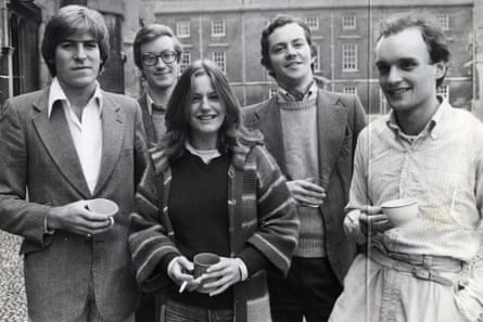 A b&w shot of Ed Stourton with four friends – one female and three male – in the university grounds