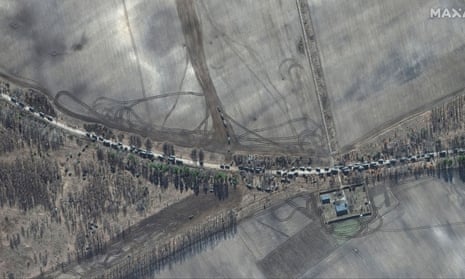 A satellite image shows the southern end of the reported convoy near Hostomel airport close to Kyiv.