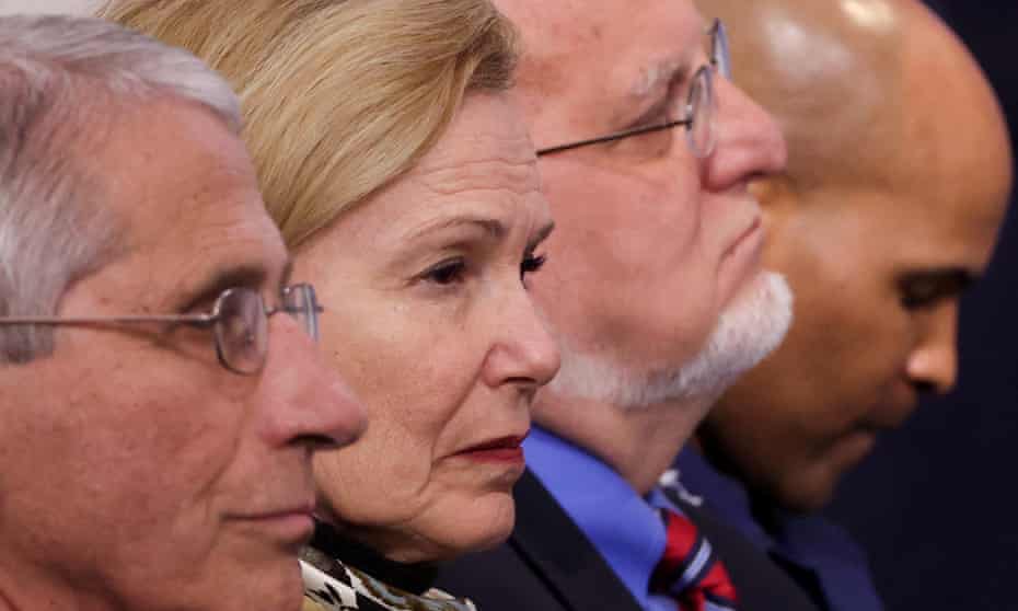 Centers for Disease Control (CDC) director Robert Redfield, third from left, with Anthony Fauci, Deborah Birx and Jerome Adams, medical officials leading the US response to coronavirus.