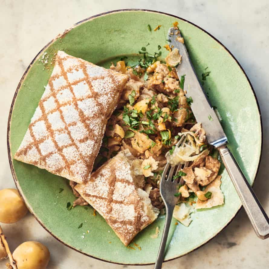 Chicken and onion ‘pies’ with Moroccan flavours.