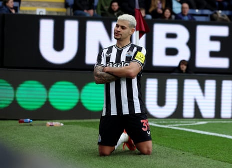 Newcastle United's Bruno Guimaraes celebrates scoring their third goal at Burnley.