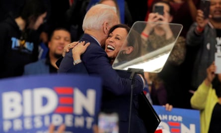 Kamla Harris greets Joe Biden during a campaign stop in Detroit, Michigan, on 9 March.