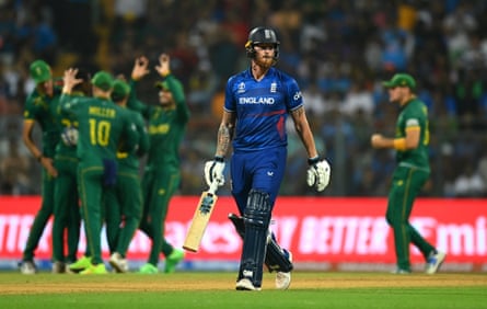 Ben Stokes trudges off after being dismissed during England’s heavy defeat by South Africa in Mumbai in 2023