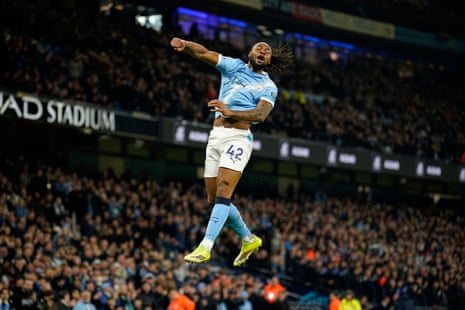 Manchester City's Antoine Semenyo celebrates after scoring the opening goal against Nottingham Forest.