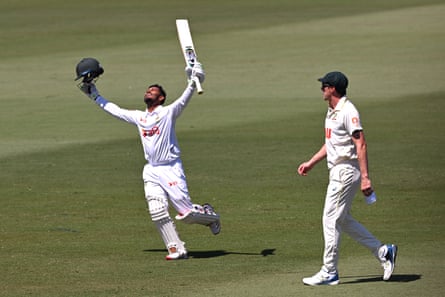 Tanzid Hasan celebrates scoring his maiden Test century for Bangladesh during the first Test against Australia