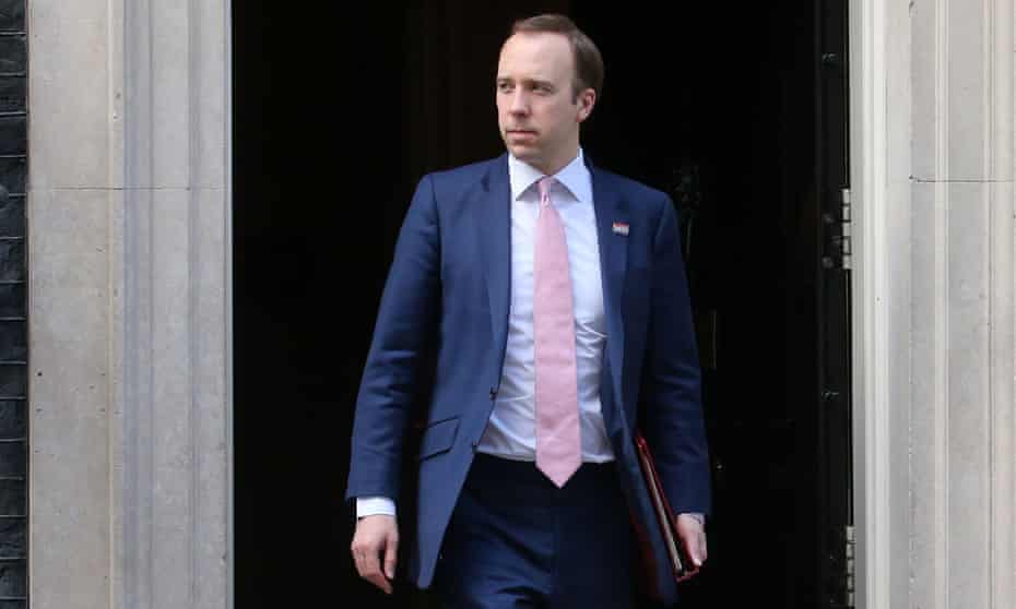 Britain’s Health Secretary Matt Hancock leaves 10 Downing Street, after taking part in the remote press conference to update the nation on the Covid-19 pandemic. 