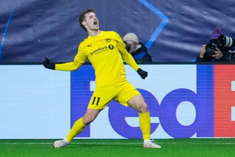 Bodo/Glimt's Ole Didrik Blomberg celebrates after scoring his side's second goal of the game.