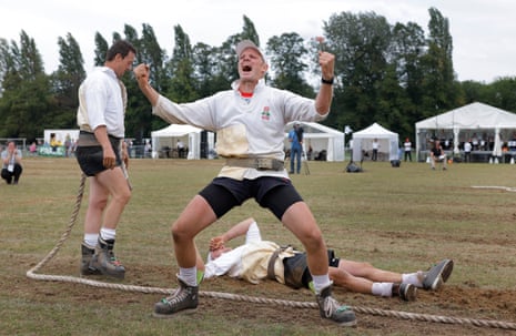 Ian Robinson celebrates as the England senior men’s 640kg team win their final over Switzerland.