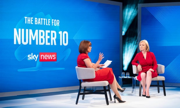 Liz Truss and Kay Burley during the Sky news debate in Cardiff