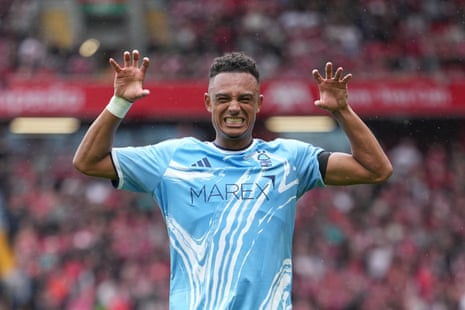 Nottingham Forest’s Dan Ndoye celebrates after opening the scoring at Liverpool.