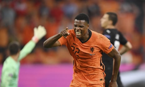 Denzel Dumfries of the Netherlands celebrates after scoring his side’s second goal.