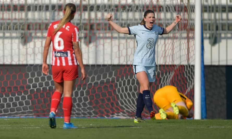 Chelsea’s Maren Mjelde celebrates scoring a penalty against Atlético Madrid