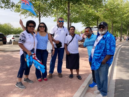 Katu Katonivualiku (third left) and Joe Savali (second right) with fellow Fiji fans in Saint-Étienne before the game against Australia