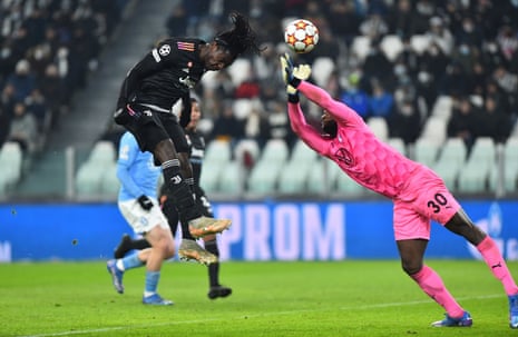 Moise Kean heads home for Juventus at the Allianz Stadium in Turin.