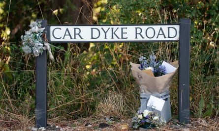 Flowers at the junction of the A10 and Car Dyke Road in Waterbeach, Cambridgeshire, where five-month-old Louis Thorold was killed.