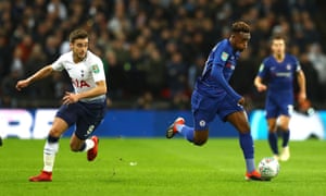 Callum Hudson-Odoi of Chelsea puts the burners on to go past Harry Winks of Tottenham Hotspur.