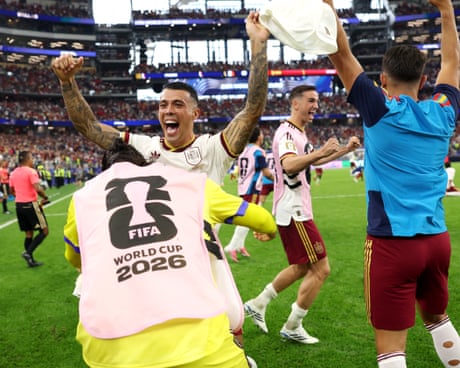 Pedro Porro leads the celebrations after Spain beat France to reach the World Cup final.