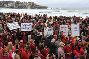 Anti-Adani protesters congregate on Sydney’s Bondi beach.