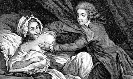 An 18th-century engraving shows a man fondling a woman's breast with an open book by the bedside