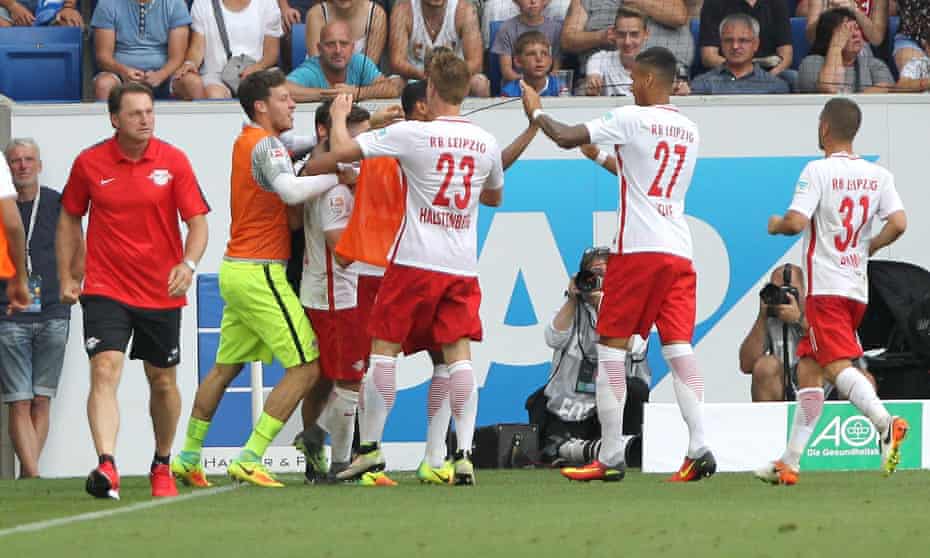 Leipzig players celebrate a goal.