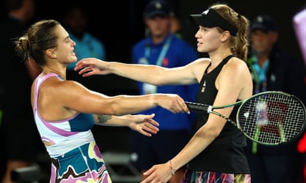 Aryna Sabalenka (left) embraces Elena Rybakina after their women's singles final match in Melbourne