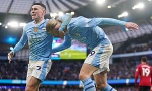 Manchester City v Manchester United - Premier League - Etihad Stadium<br>Manchester City's Erling Haaland (right) celebrates scoring their side's third goal of the game with team-mate Phil Foden during the Premier League match at the Etihad Stadium, Manchester. Picture date: Sunday March 3, 2024. PA Photo. See PA story SOCCER Man City. Photo credit should read: Mike Egerton/PA Wire.
RESTRICTIONS: EDITORIAL USE ONLY No use with unauthorised audio, video, data, fixture lists, club/league logos or "live" services. Online in-match use limited to 120 images, no video emulation. No use in betting, games or single club/league/player publications.