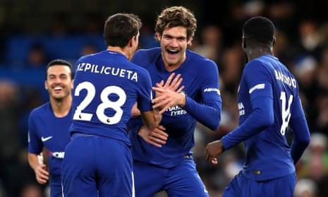 Marcos Alonso celebrates with teammates after scoring Chelsea’s opening goal against Southampton.