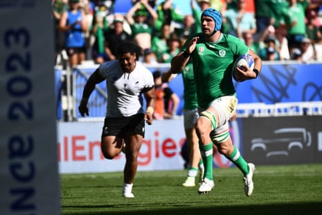 Ireland's flanker Tadhg Beirne puts the burners on as heads towards the Romanian line before going over for his second, and Ireland’s 12th, try of the game.