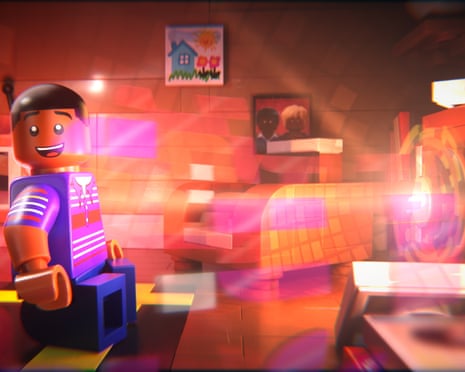 In an all-Lego room, a Lego figure is enraptured by the synaesthesia colours coming out of a speaker playing music.