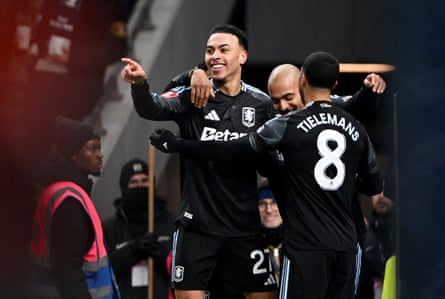 Morgan Rogers points in delight after doubling Aston Villa’s lead