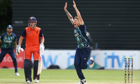 Brydon Carse successfully appeals for the wicket of Tom Cooper during England’s second ODI against the Netherlands.