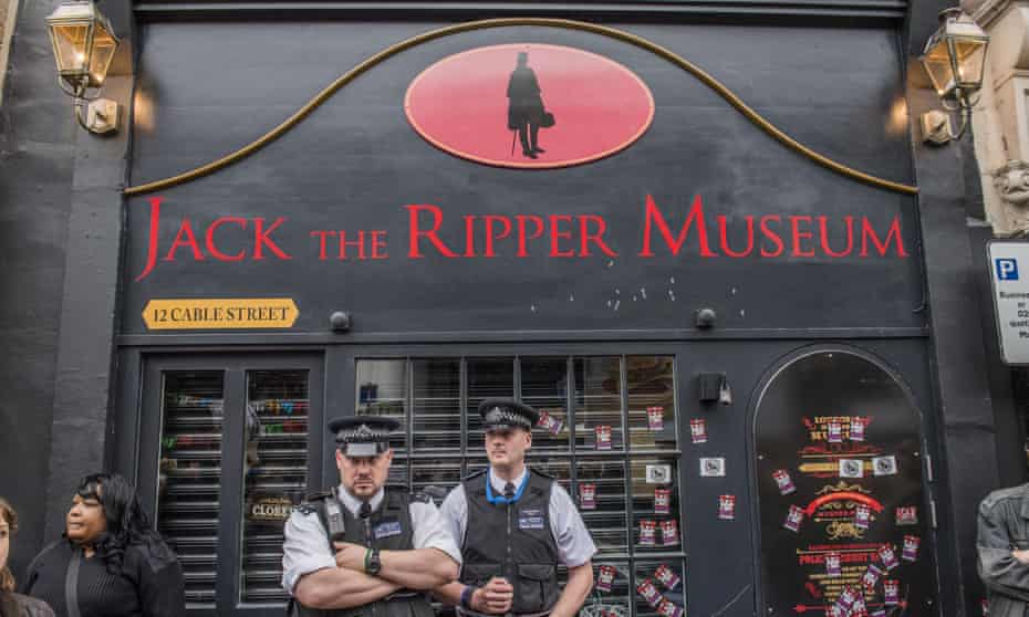 Police on guard outside the Jack the Ripper museum in east London after angry protests this week. 
