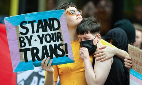 Pro-trans protesters gather in Manchester in May.