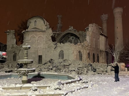 The partially damaged Yeni mosque after the earthquake in Malatya, Turkey.