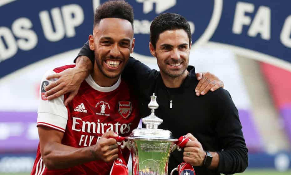 Pierre-Emerick Aubameyang and his manager, Mikel Arteta, celebrate after Arsenal’s FA Cup win.