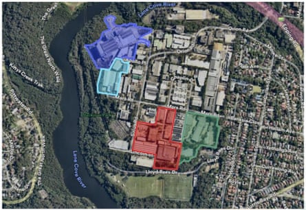 An aerial shot of Lane Cove with the location of the proposed datacentre highlighted in green. Other existing datacentres are also highlighted.