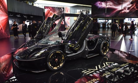 A Lotus Evija electric sports car at a fair in China.