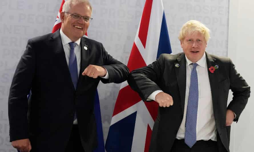 Morrison with UK prime minister Boris Johnson during the G20 summit in Rome.