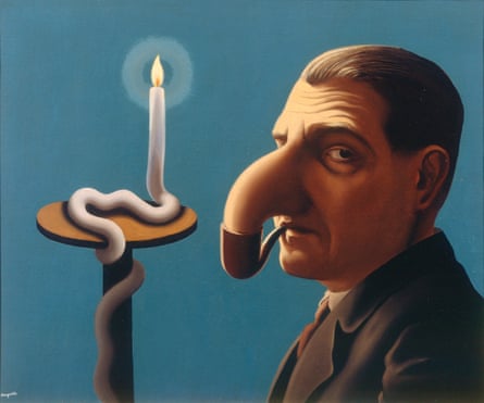Surrealist painting by René Magritte. La Lampe philosophique (The Philosopher’s Lamp), 1936. A man’s nose disappears into his tobacco pipe and reappears as a lit candle.