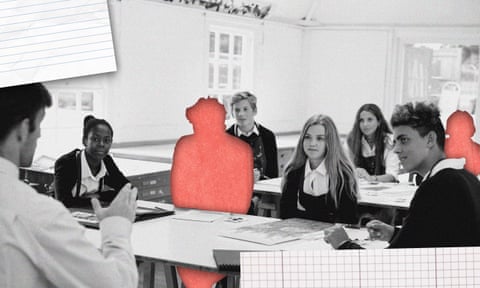 Illustration of children in a classroom, with some blanked out in red to highlight their suspension