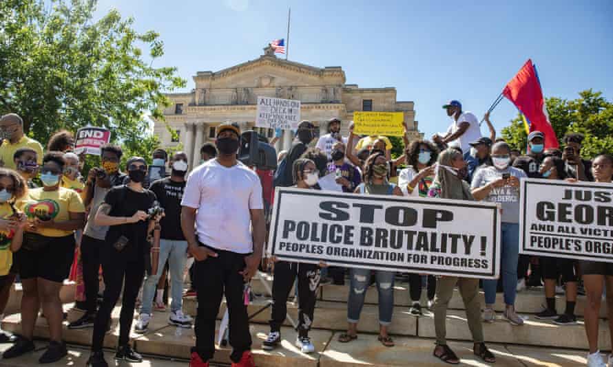 Protesters rally against the death in Minneapolis police custody of George Floyd, in Newark, New Jersey, on Saturday. The event passed off largely peacefully.