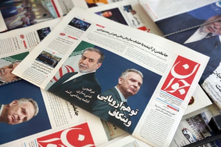 A copy of the Iranian daily newspaper Javan featuring Iran’s foreign minister, Abbas Araghchi, and the US special envoy to the Middle East, Steve Witkoff.