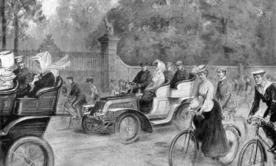 Motors and cycles in Kensington High Street, London, 1903. Artist: Percy Spence.
