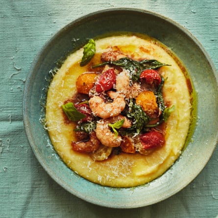 Balsamic prawns with cherry tomatoes and creamy polenta.